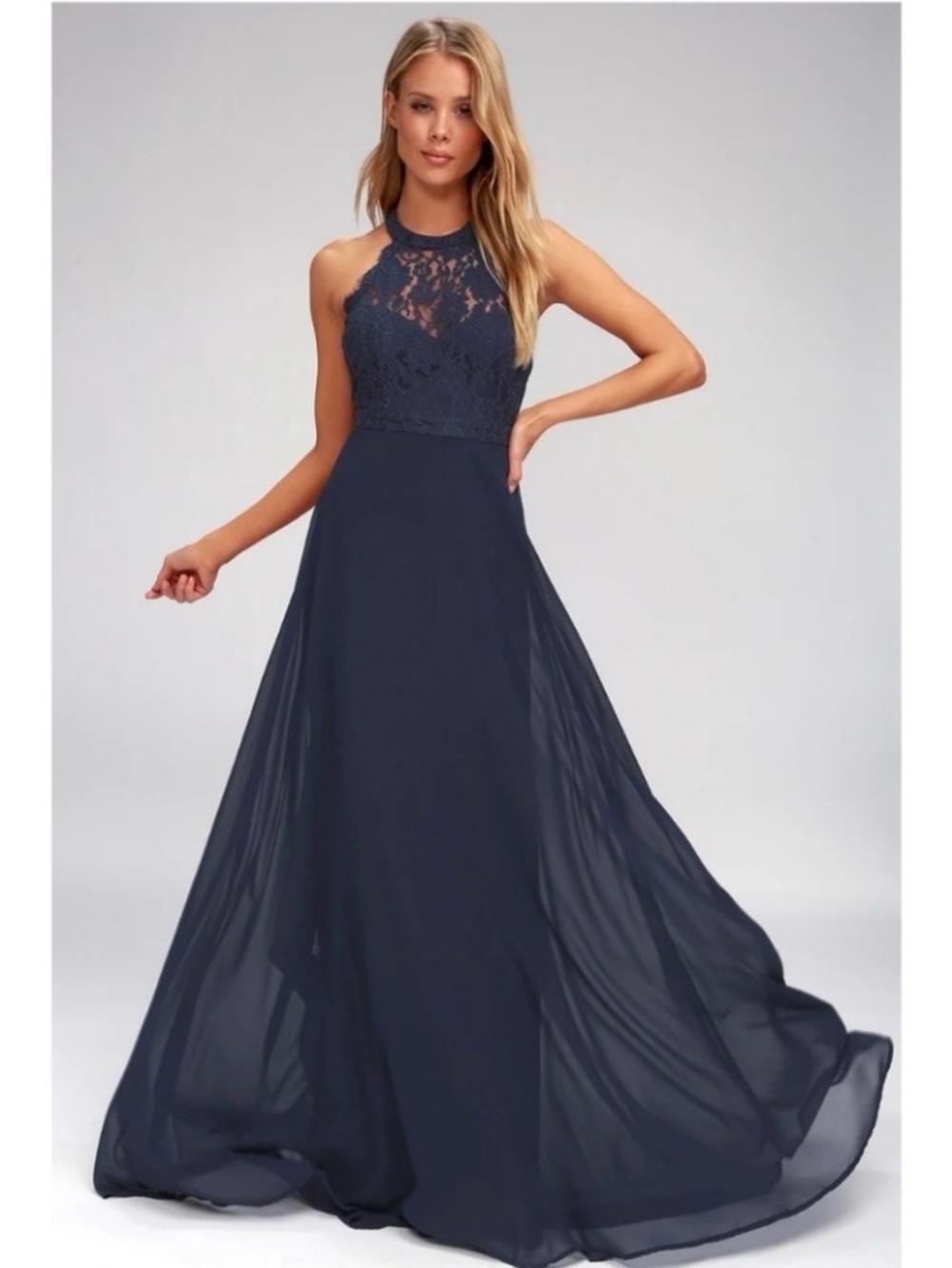 NWT Lulu's “DANCE ALL EVENING” Navy Lace Halter Gown SZ S $98